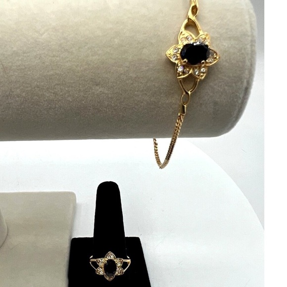 Gold Plated Ring & Bracelet Set With Garnet & Rhinestones.  A22 - Picture 1 of 10